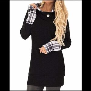 Black & White Hooded Tunic Top with Plaid Sleeves Slim Straight Fit BRAND NEW